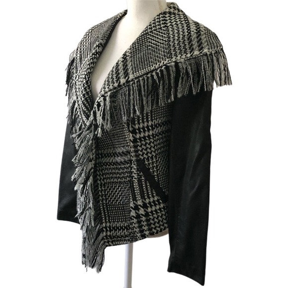 Guess Women's Wool Blend Faux Leather Arms Fringe Trim Plaid MOTO Jacket Sz M - Picture 3 of 10